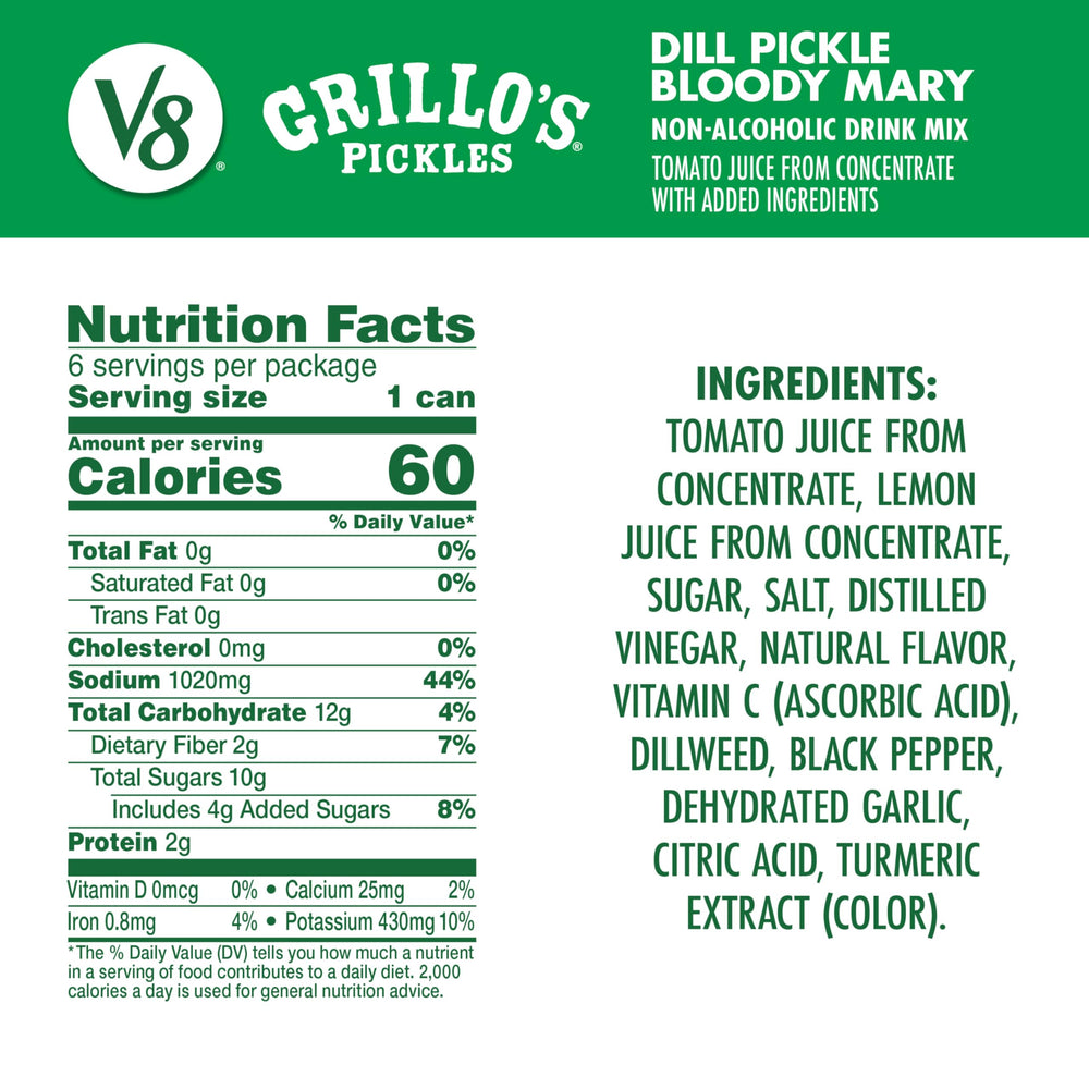 Detalle de etiqueta V8 Grillo's con ingredientes y beneficios claros