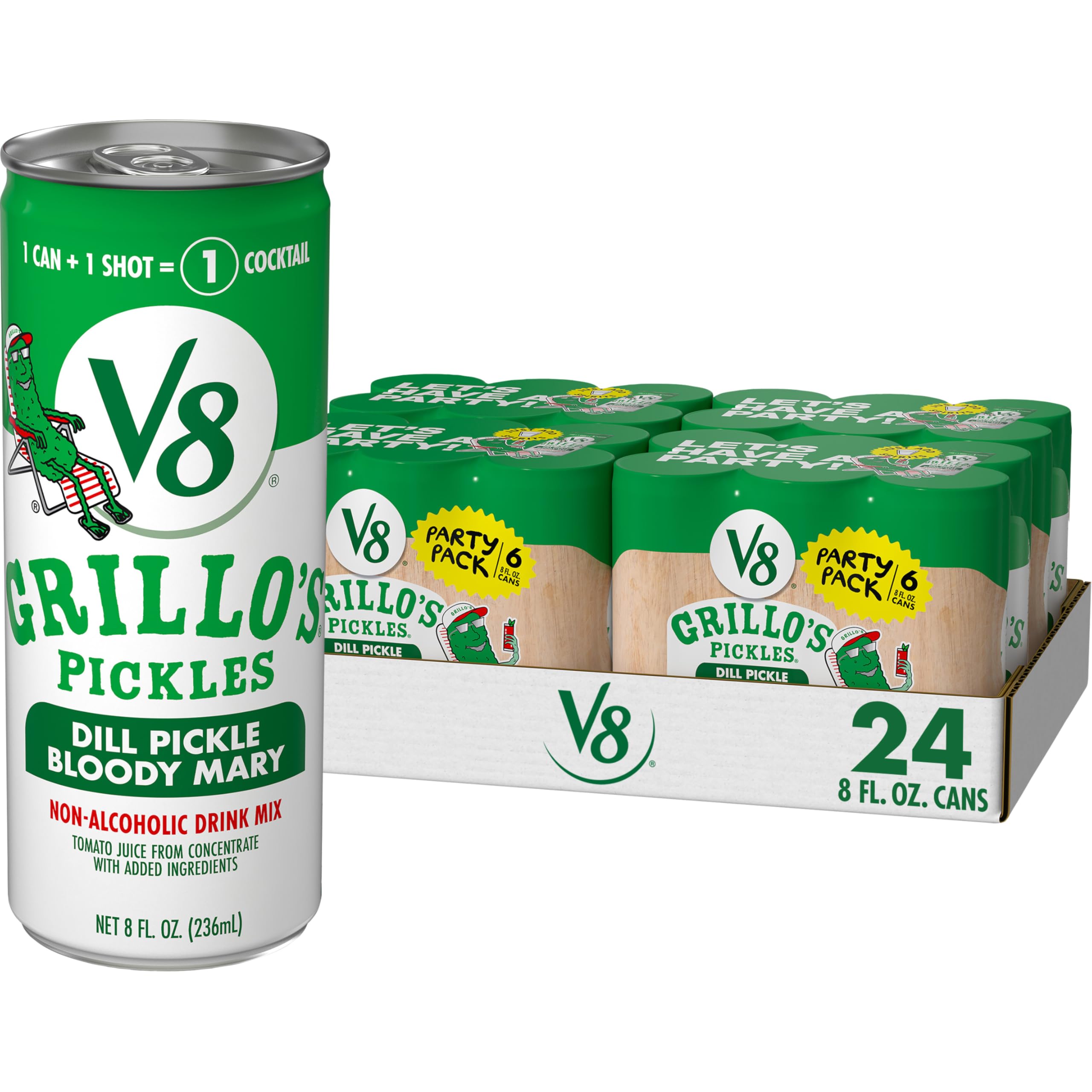 V8 Grillo's Pickles lata frontal mostrando diseño y conveniencia