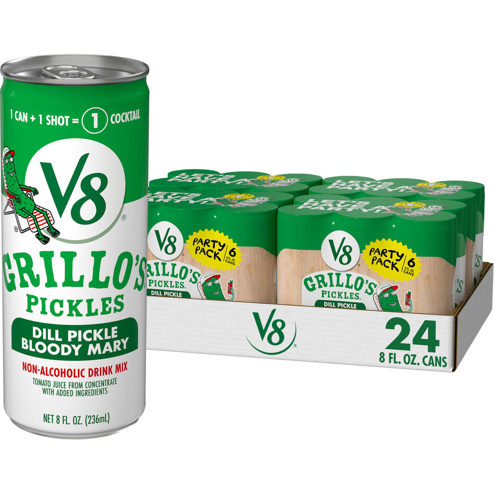 V8 Grillo's Pickles lata frontal mostrando diseño y conveniencia