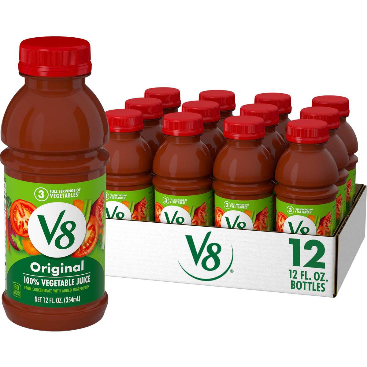 V8 botella frontal pack 12 mostrando presentación y conveniencia