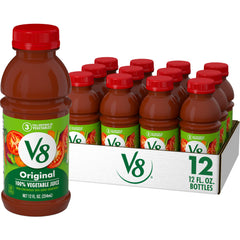 V8 botella frontal pack 12 mostrando presentación y conveniencia