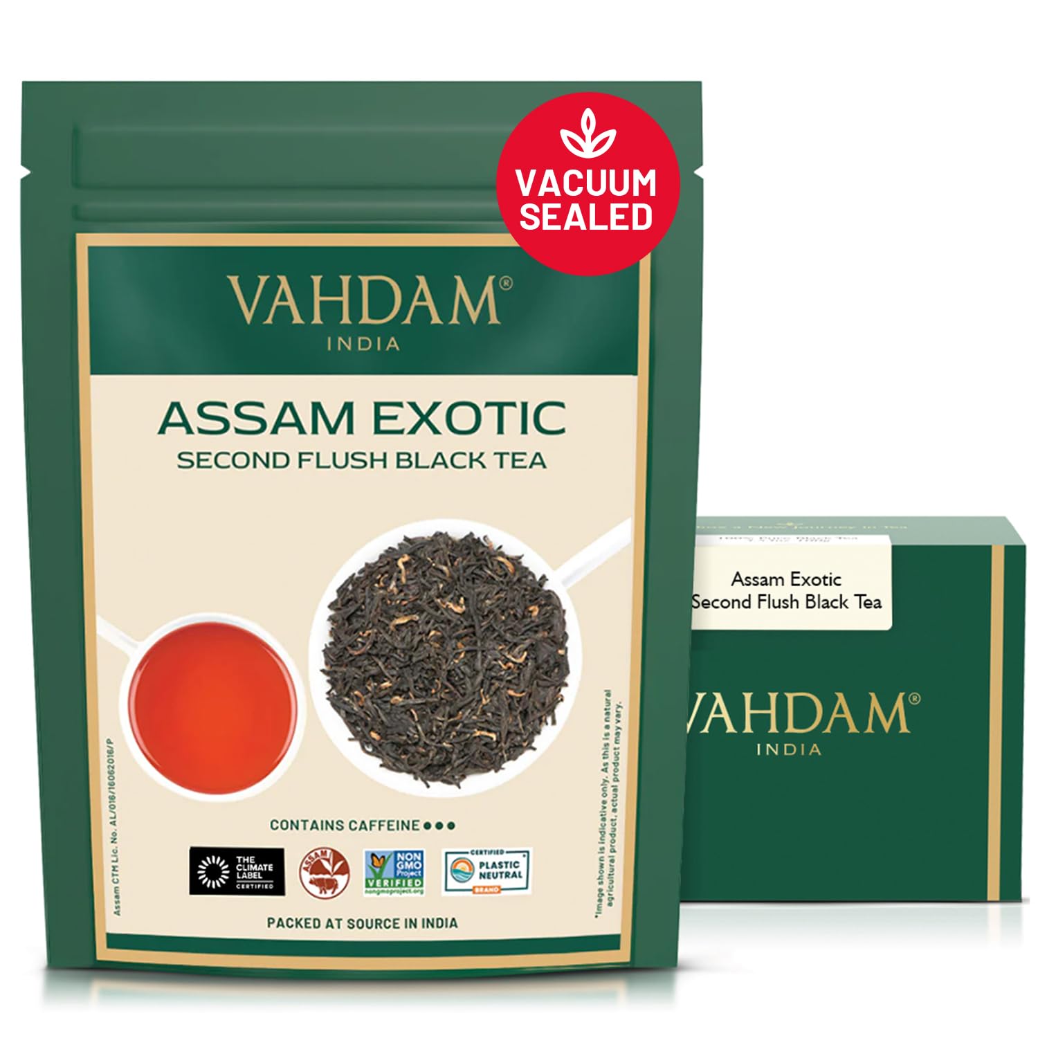 VAHDAM Assam Gold frente del paquete mostrando sello y frescura