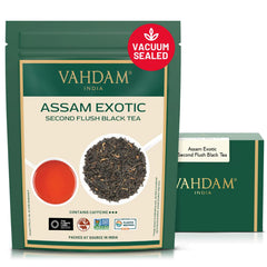 VAHDAM Assam Gold frente del paquete mostrando sello y frescura