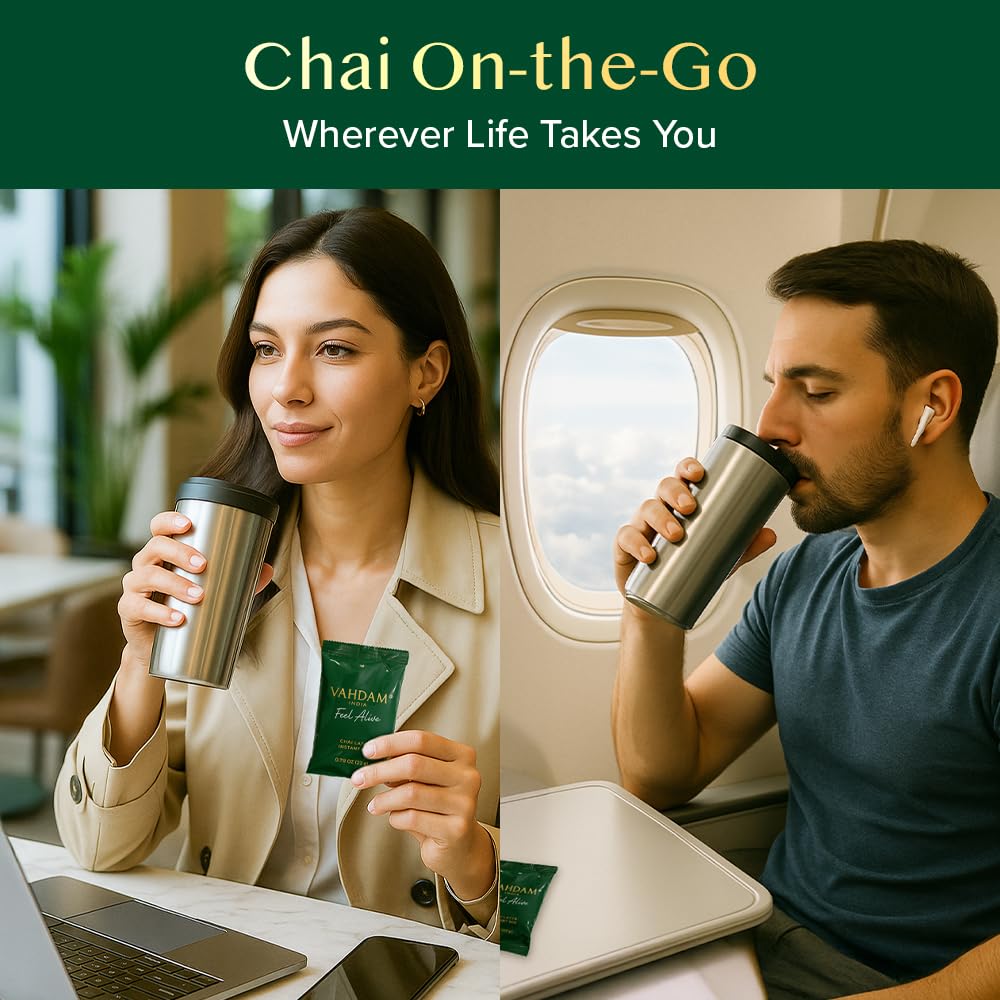 VAHDAM chai en oficina junto a portátil para pausas energéticas
