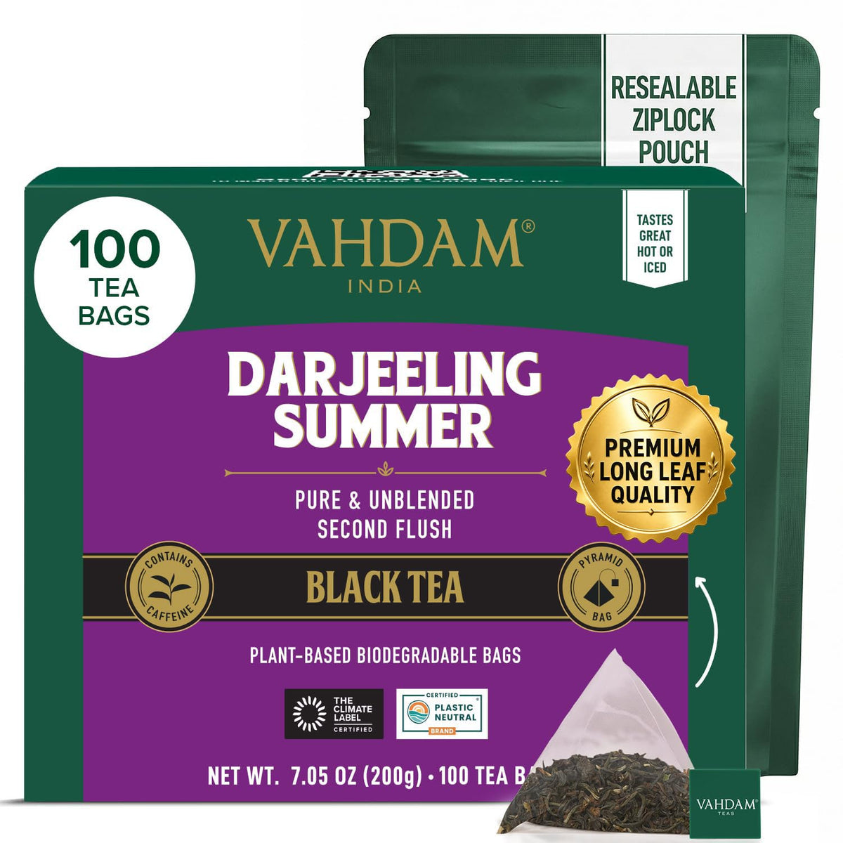 VAHDAM paquete frontal de Darjeeling mostrando 100 saquitos y conveniencia
