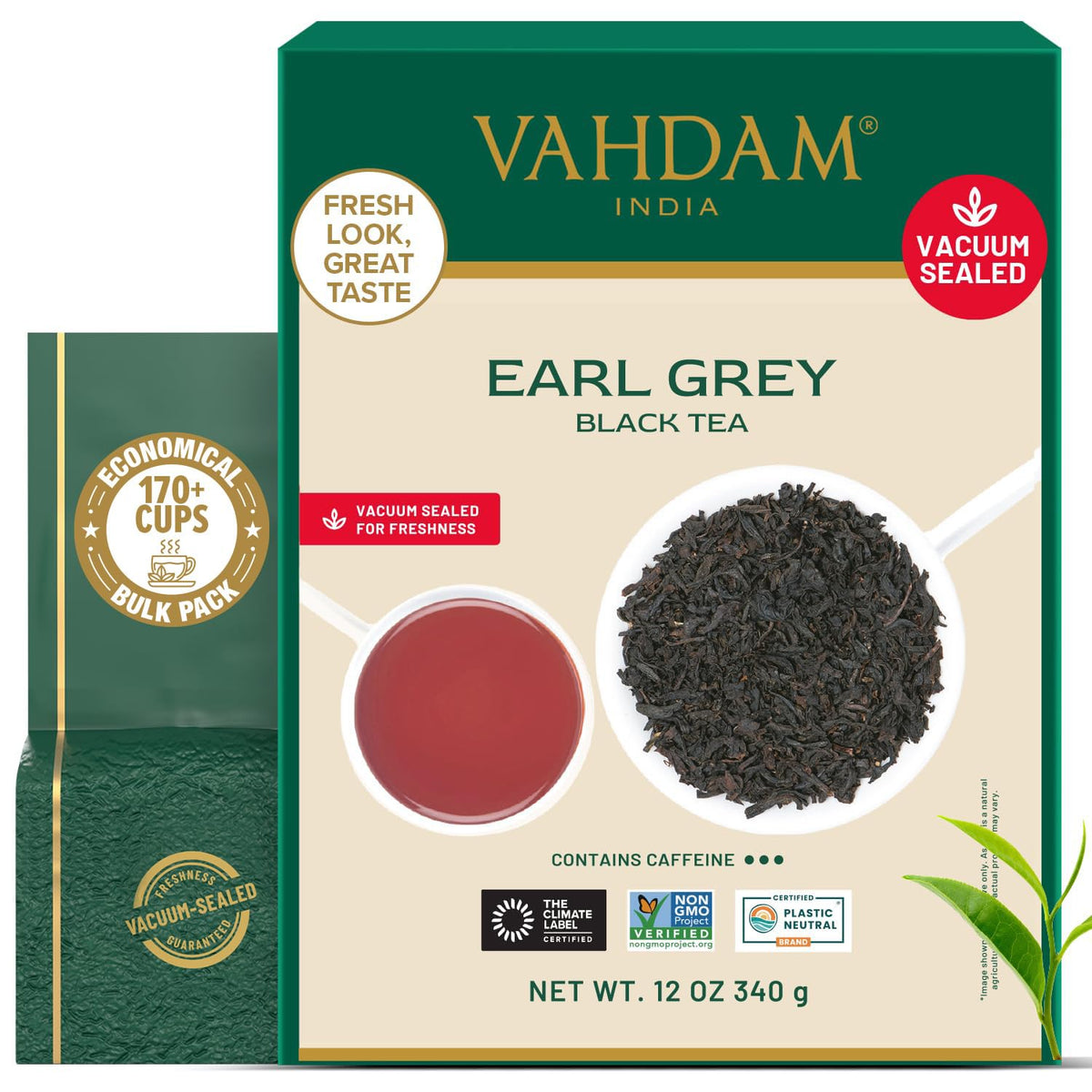 VAHDAM embalaje delantero Earl Grey mostrando marca y frescura