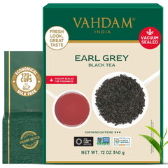 VAHDAM embalaje delantero Earl Grey mostrando marca y frescura