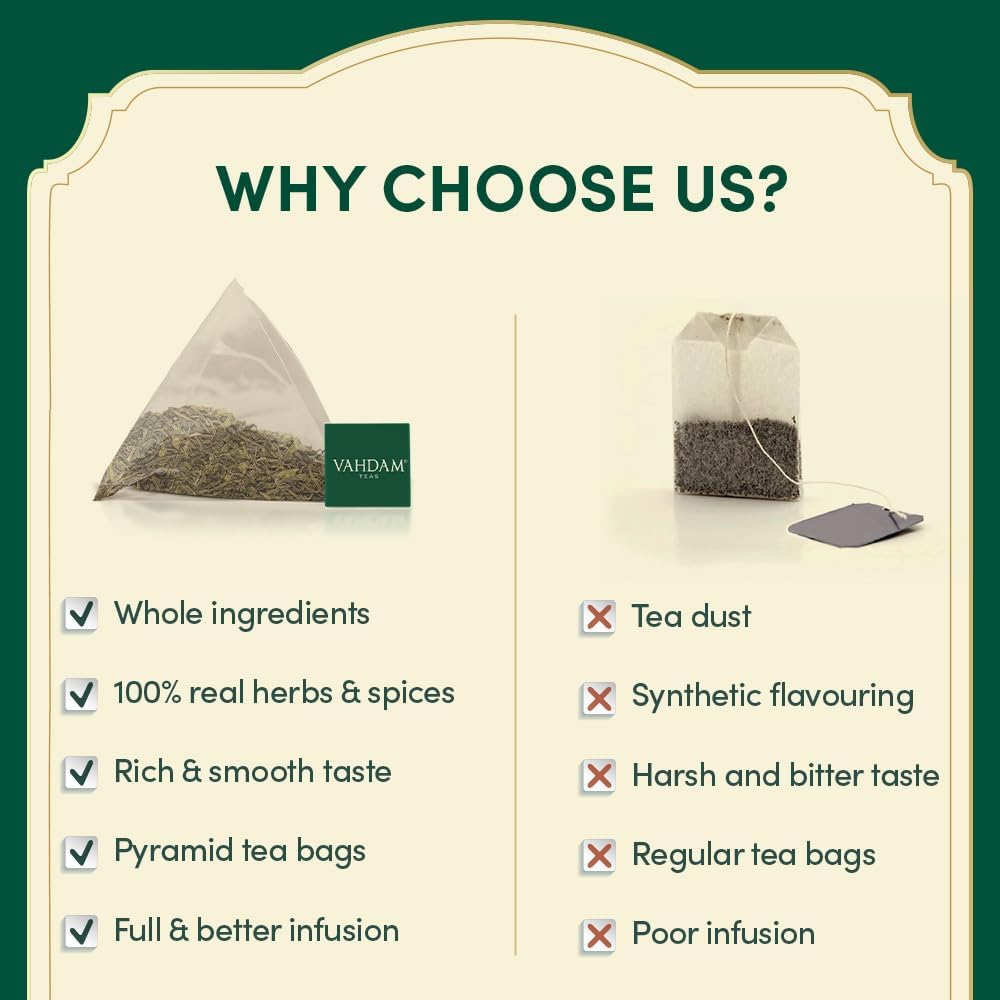 VAHDAM etiqueta con lista de ingredientes, transparencia y origen claro