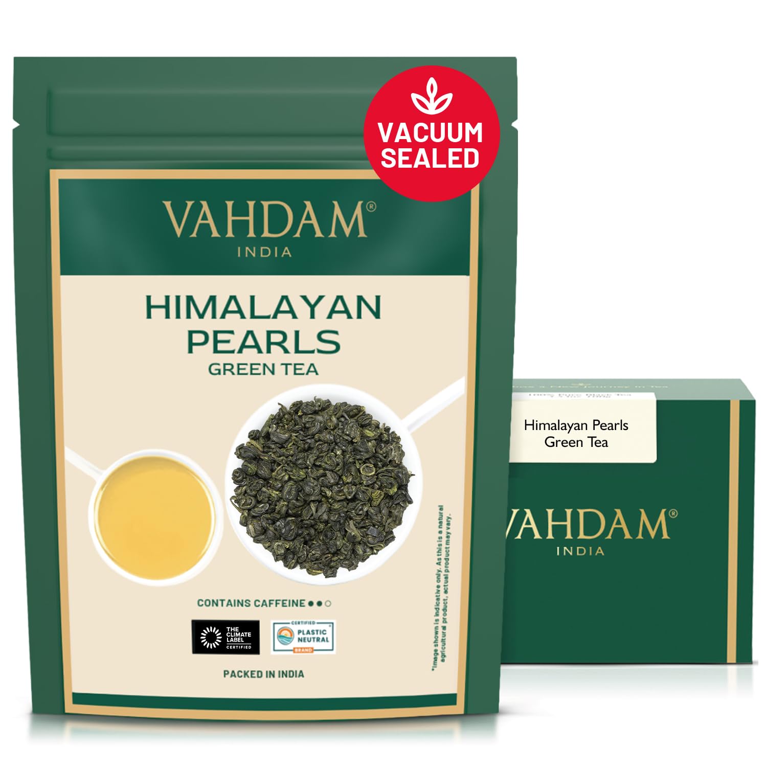 VAHDAM paquete frontal Himalayan Pearls mostrando marca y sellado al vacío para frescura