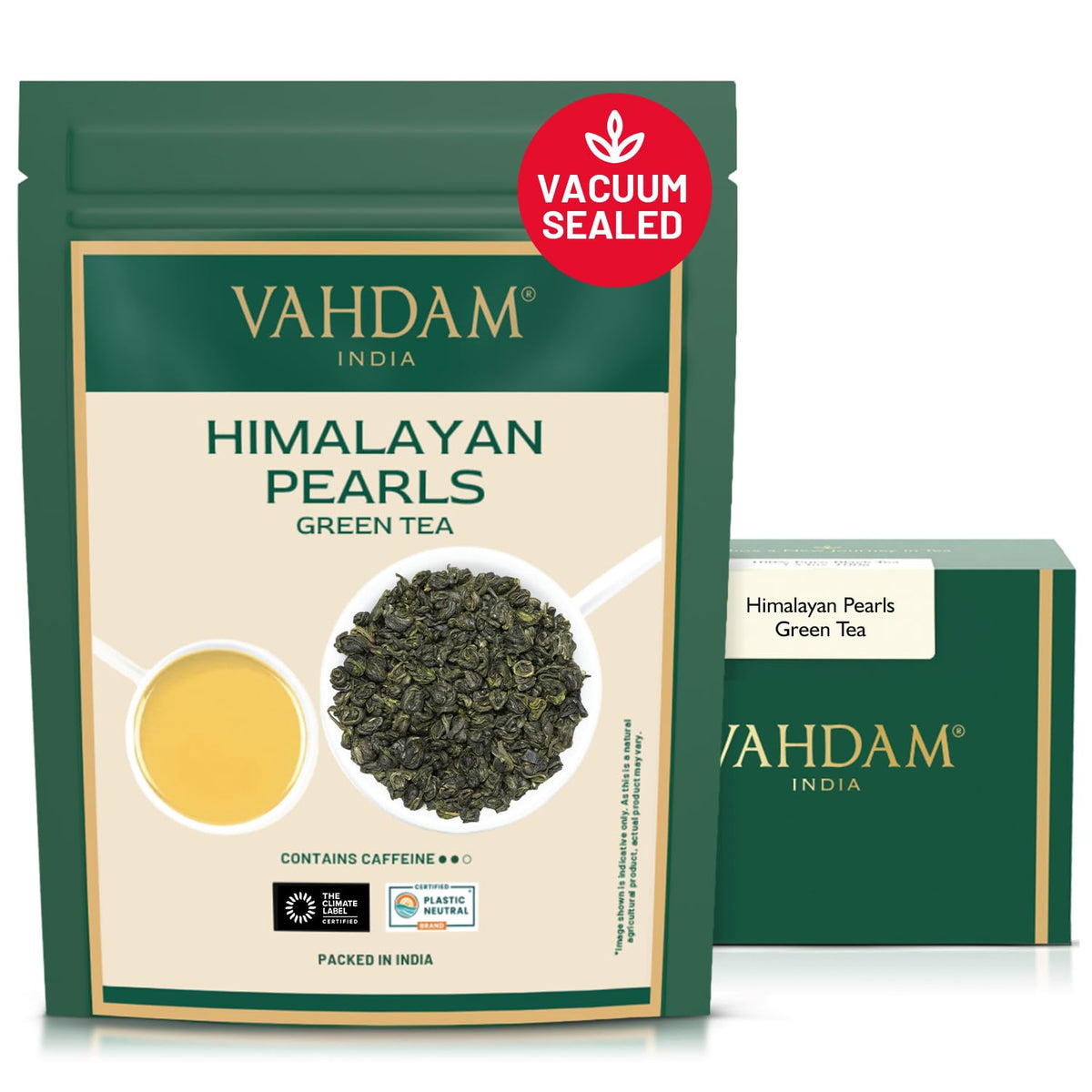 VAHDAM paquete frontal Himalayan Pearls mostrando marca y sellado al vacío para frescura