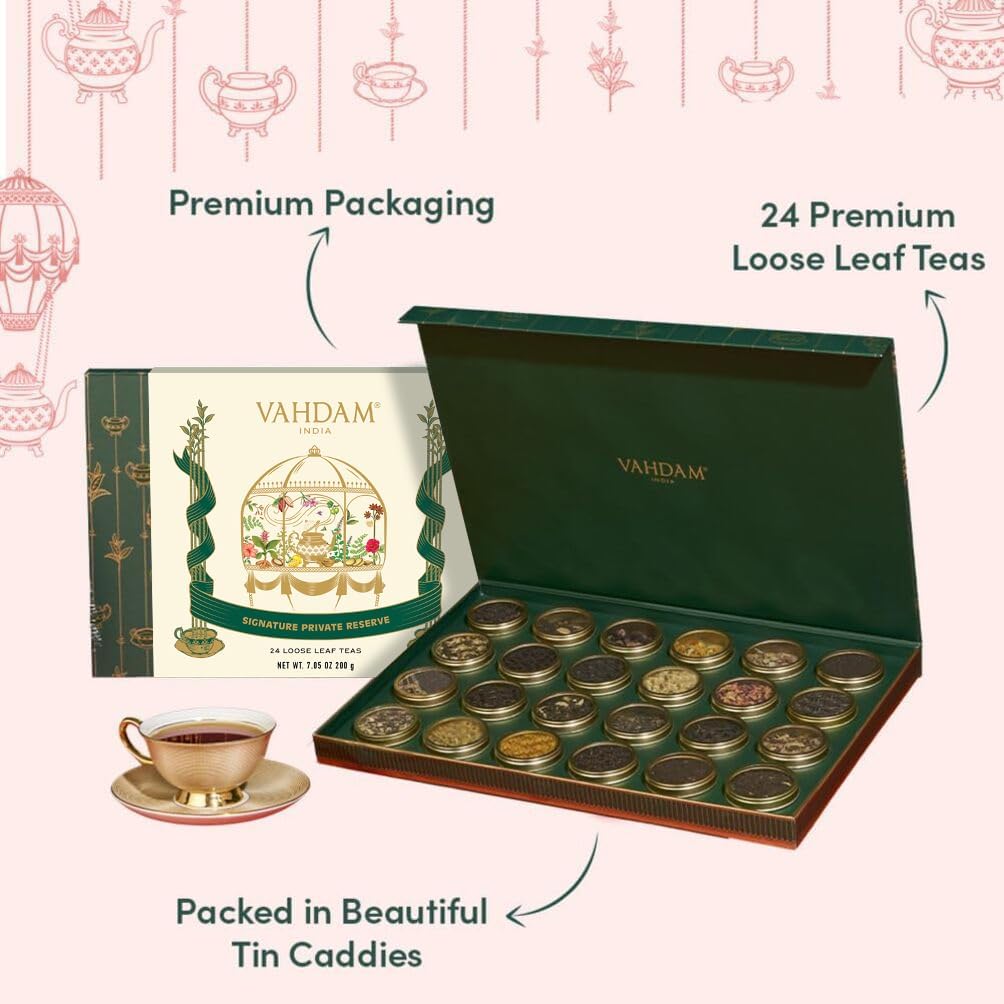 VAHDAM lata abierta con hojas sueltas, muestra la calidad del té