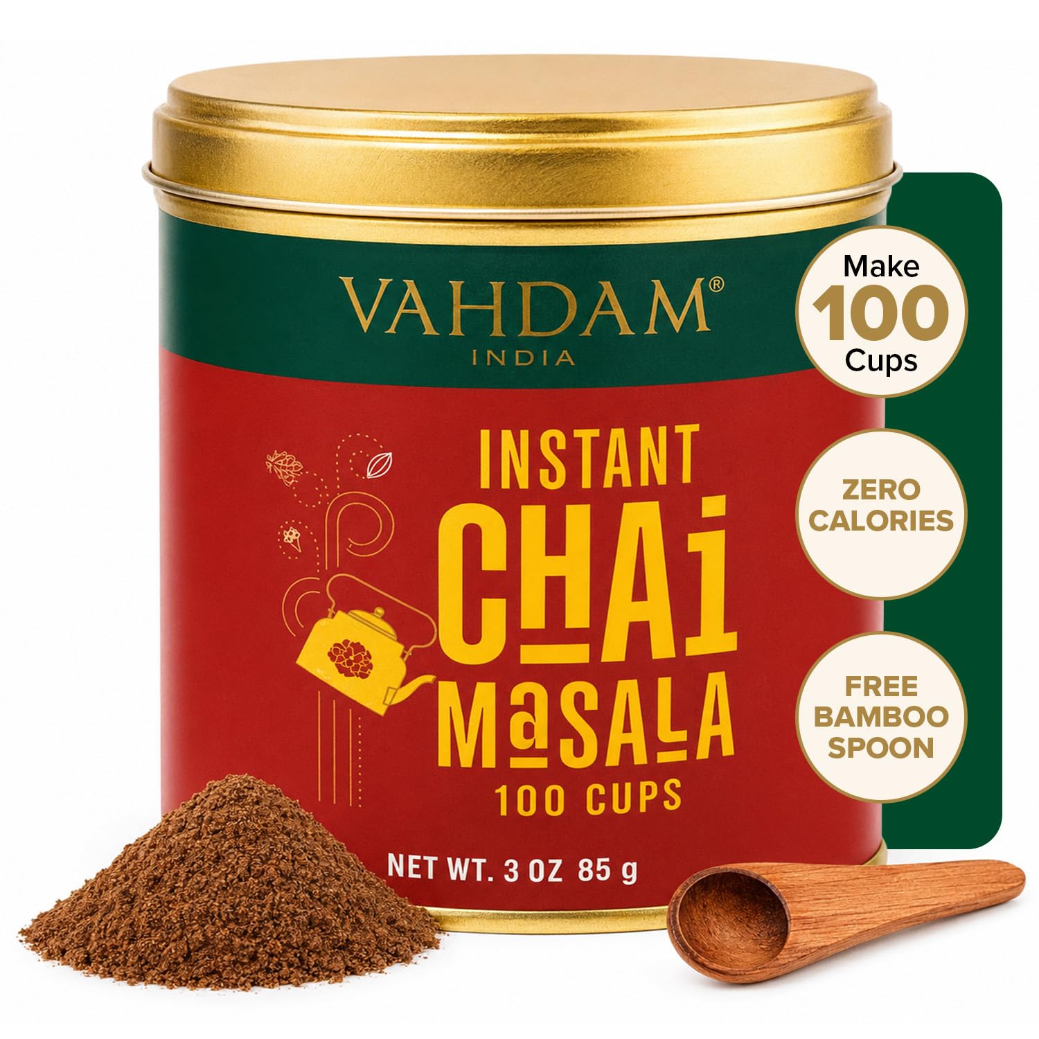 VAHDAM lata frontal del Instant Chai mostrando diseño y duración