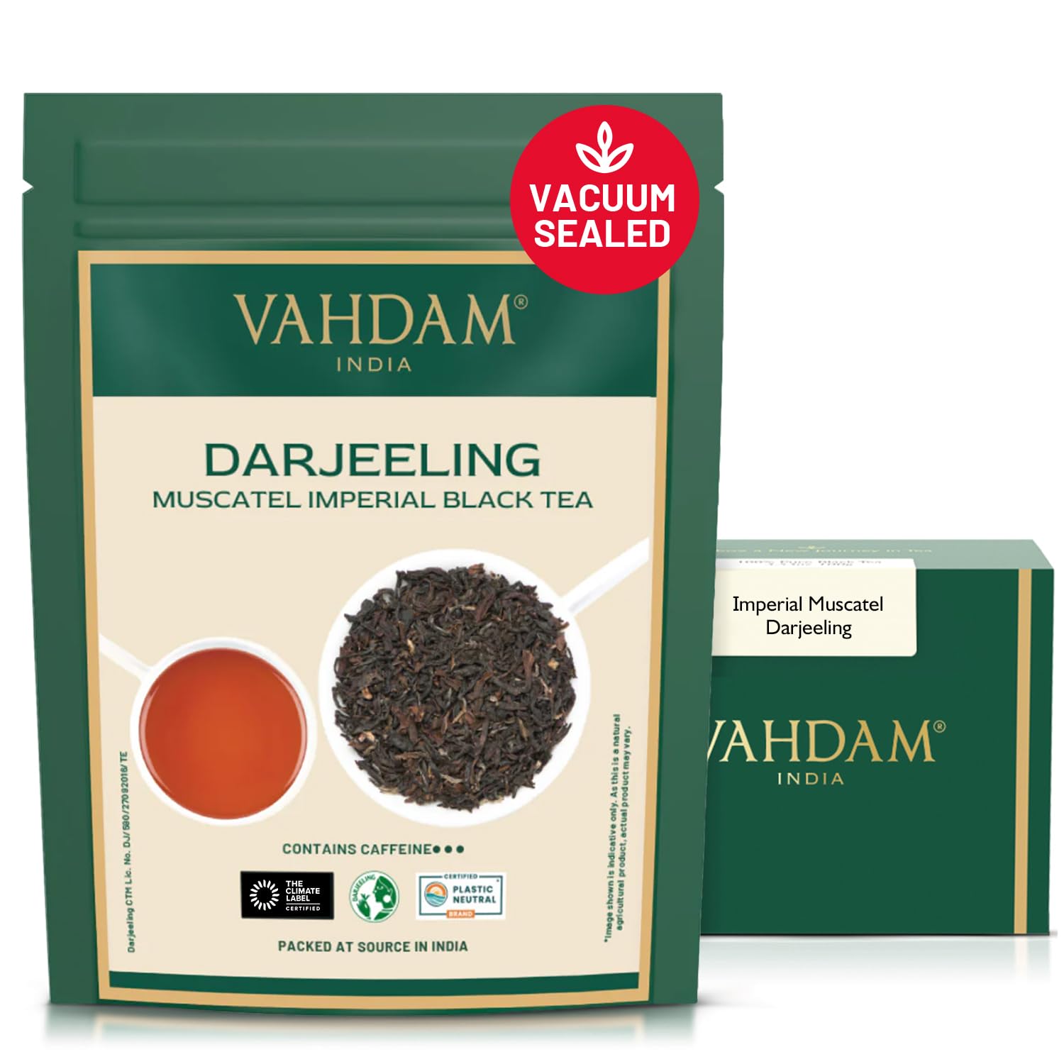 VAHDAM paquete frontal mostrando edición limitada y frescura