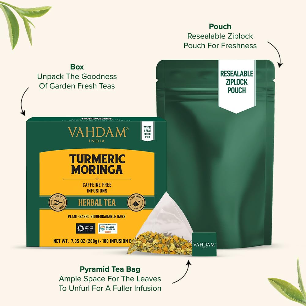 VAHDAM mezcla de cúrcuma y moringa en primer plano destacando pureza