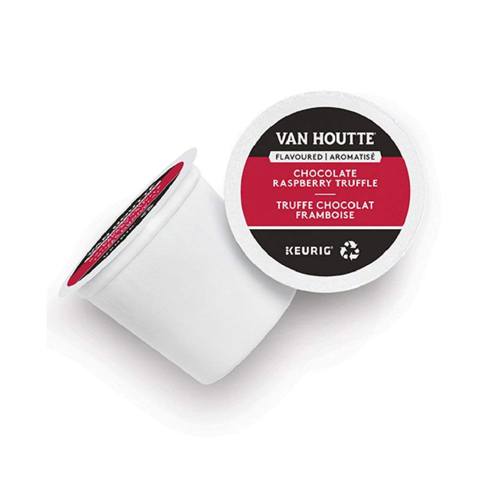 Van Houtte taza servida con espuma y aroma, disfruta sabor afrutado
