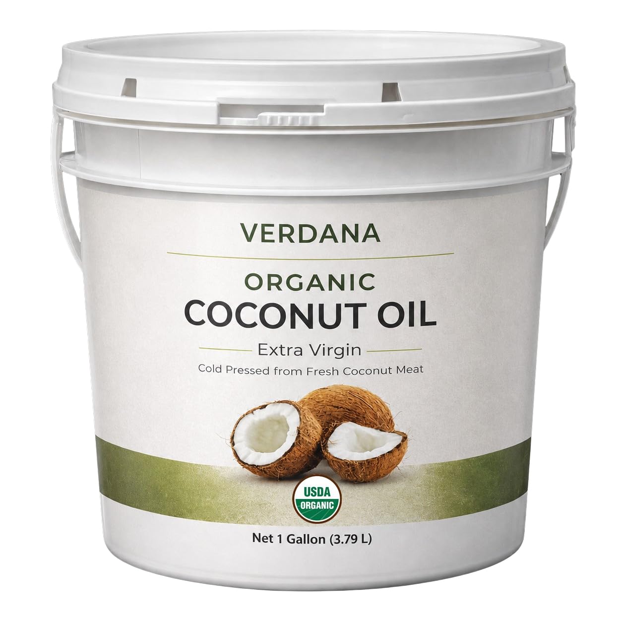 Verdana aceite de coco galón frontal mostrando el envase y ahorro por volumen