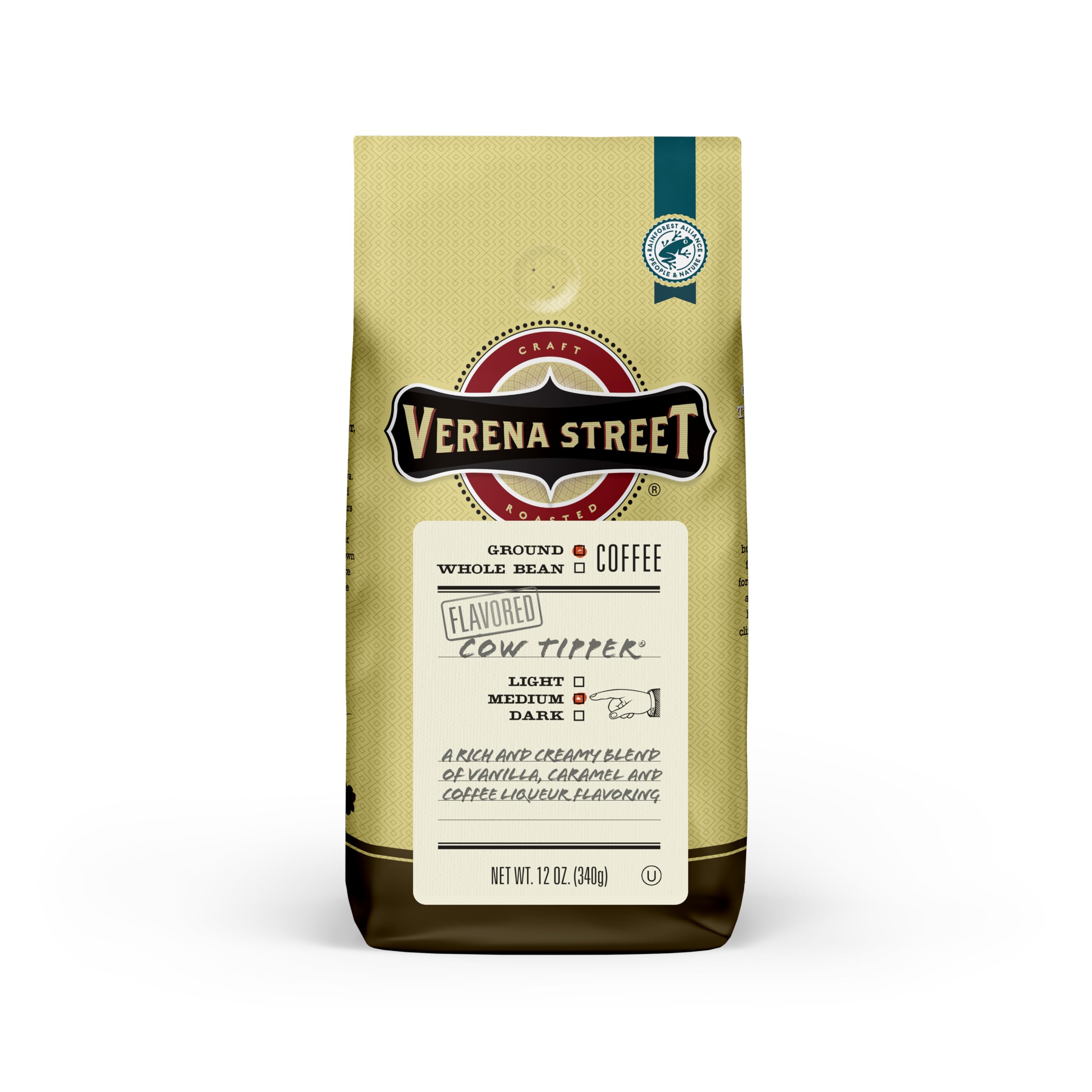 Verena Street paquete frontal mostrando 12 oz y perfil sabor crema