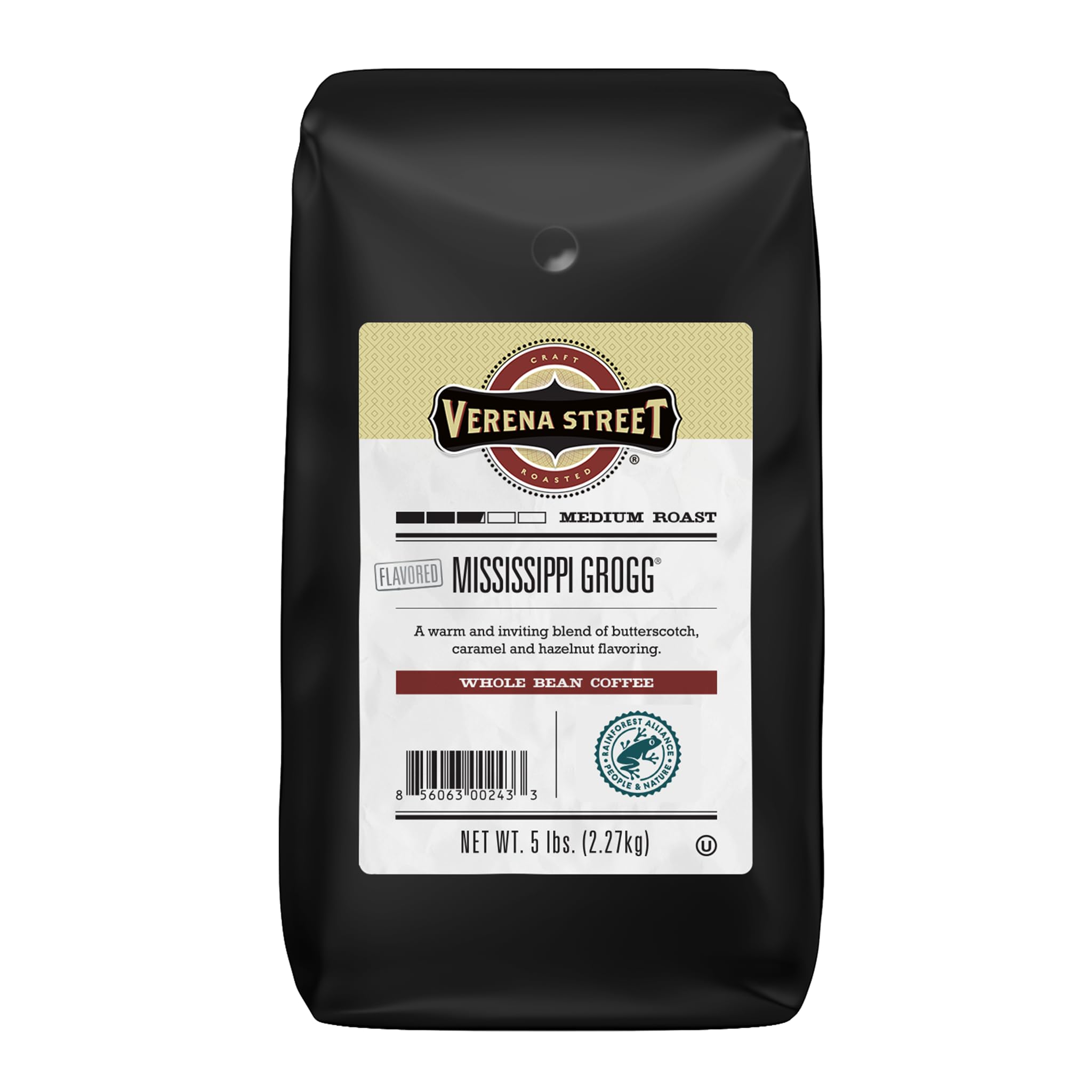 Verena Street paquete frontal mostrando 5 lb y sabor Mississippi Grogg