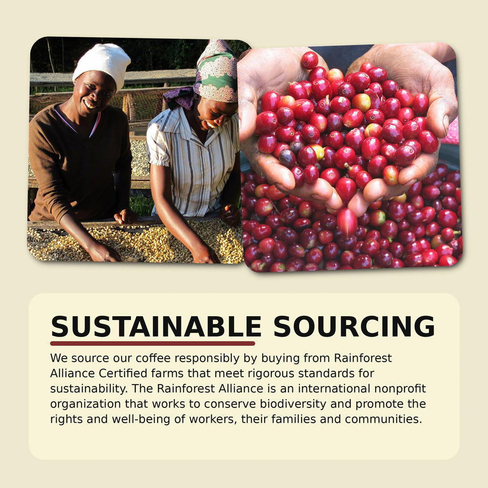 Verena Street sello Rainforest Alliance y kosher en el empaque visible