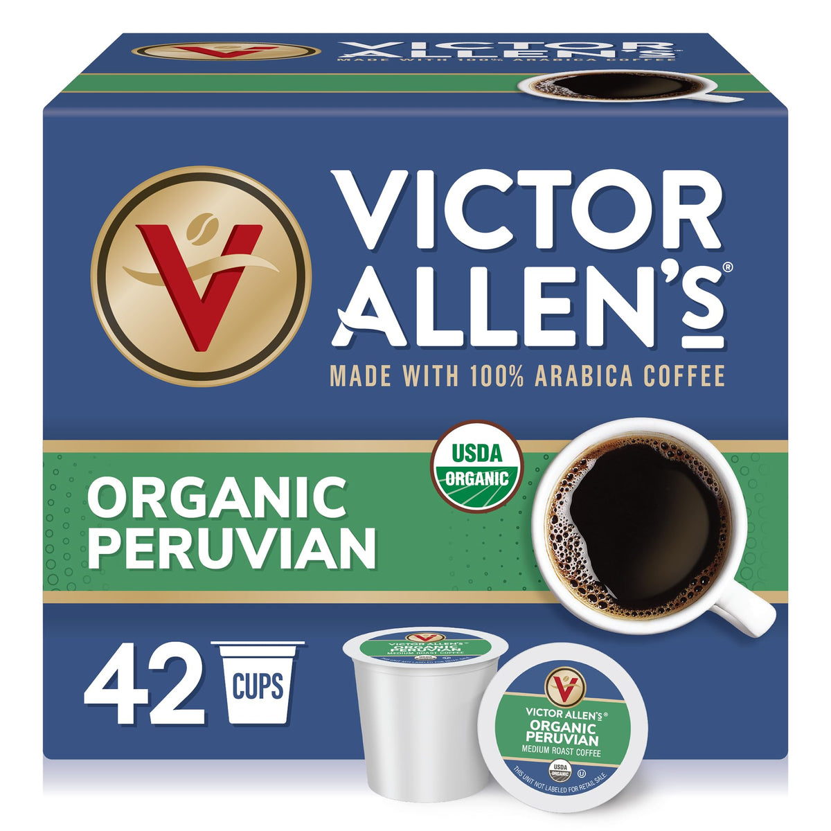 Victor Allen's Coffee caja delantera mostrando 42 cápsulas y origen peruano beneficios prácticos