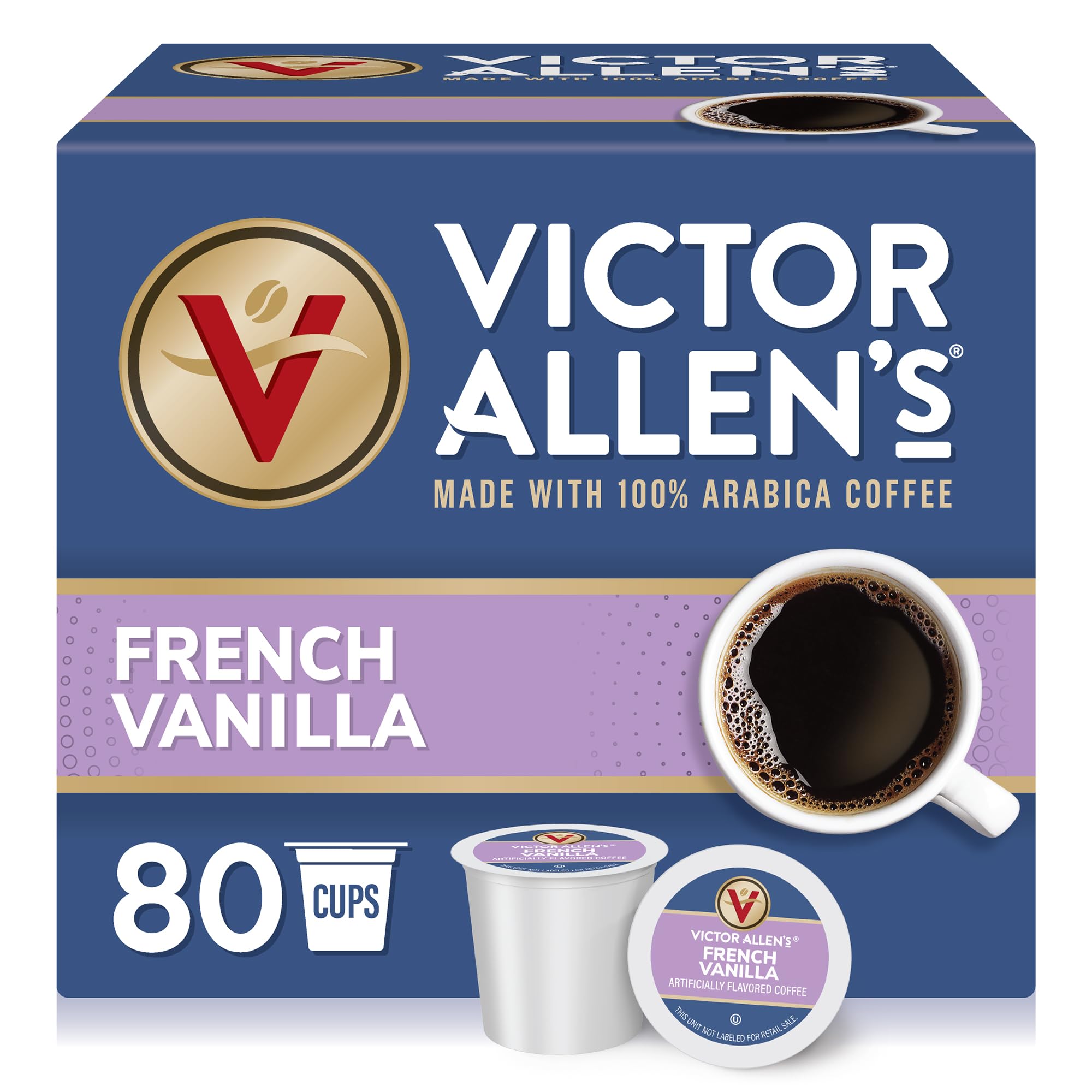 Victor Allen's Coffee empaque frontal que muestra 80 cápsulas y conveniencia