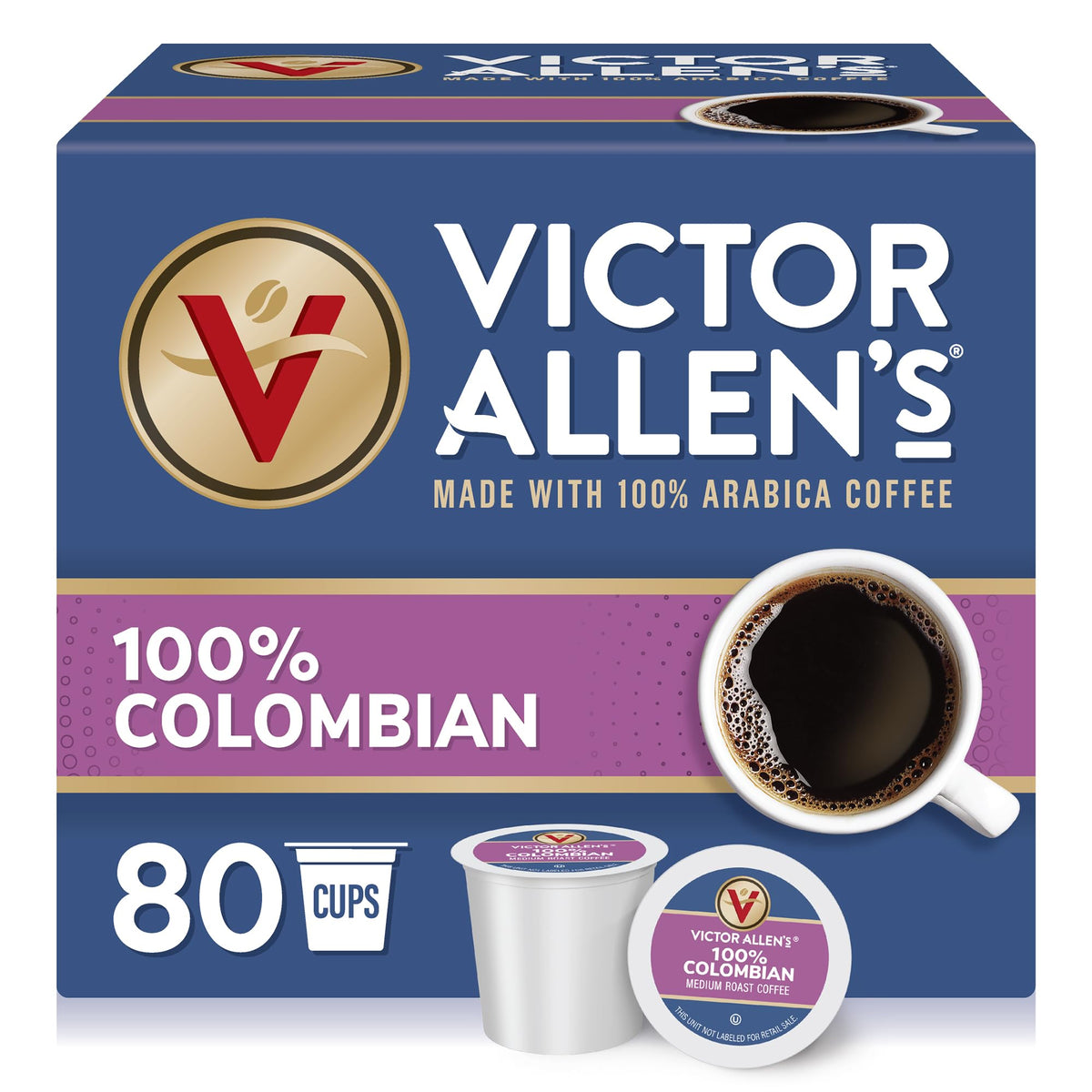 Victor Allen's Coffee frente del empaque mostrando 80 cápsulas y conveniencia