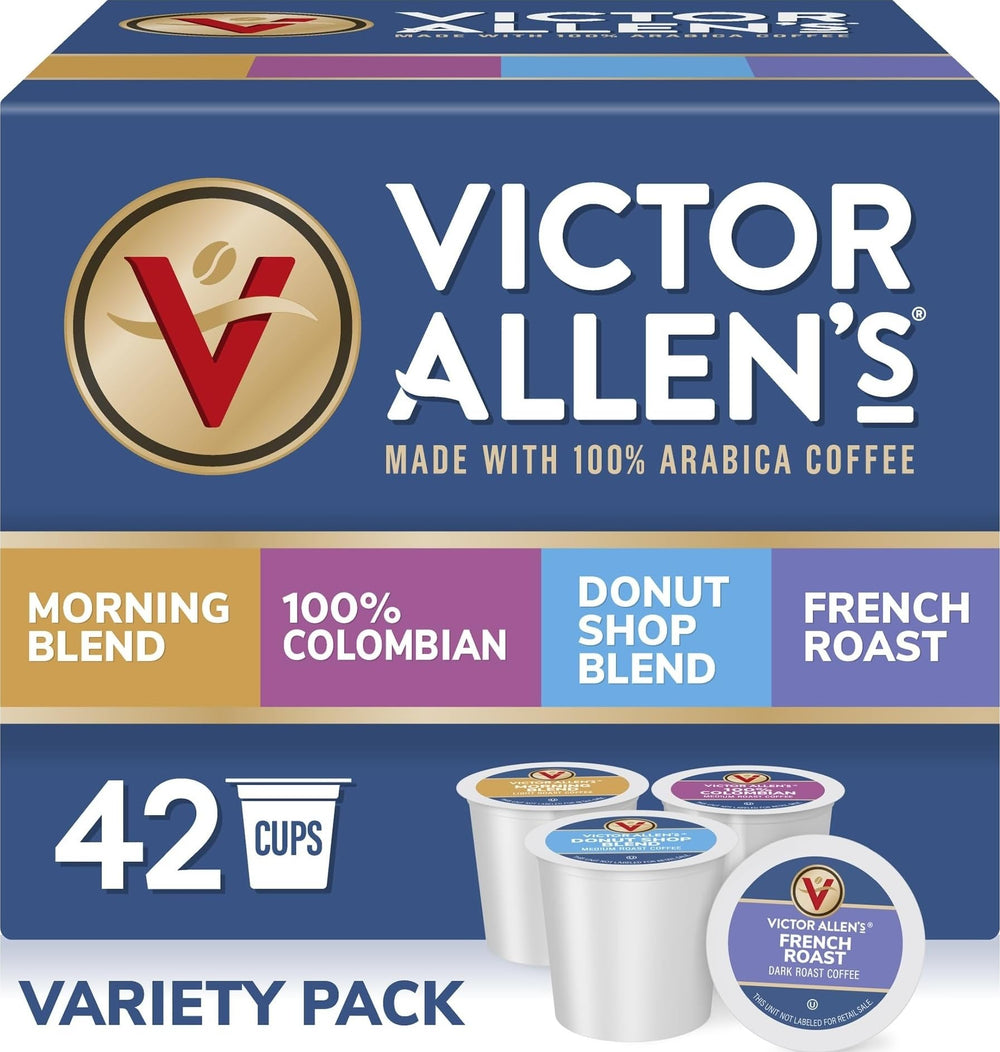 Victor Allen's Coffee frontal del paquete mostrando variedad de sabores y cantidad