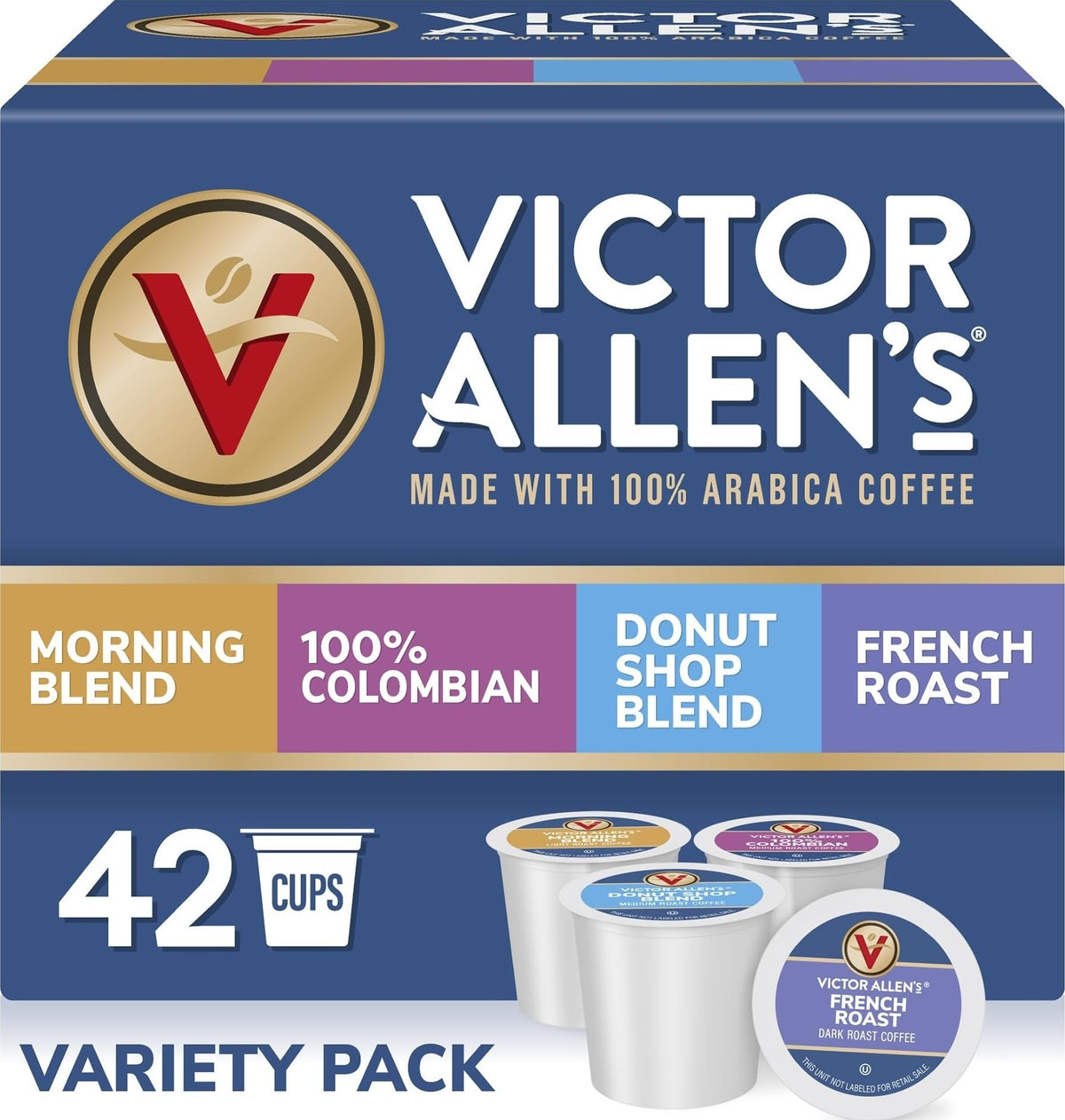 Victor Allen's Coffee frontal del paquete mostrando variedad de sabores y cantidad