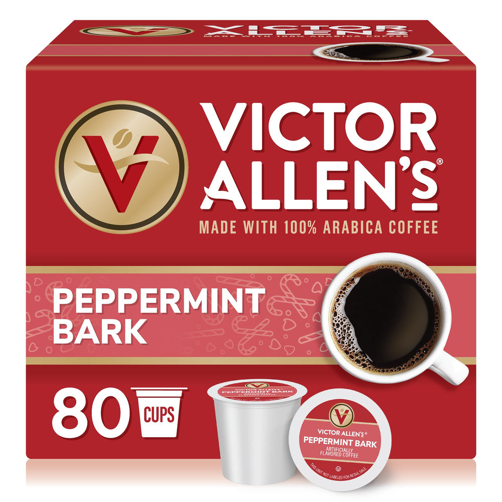 Victor Allen's Coffee frente del empaque mostrando 80 cápsulas y aspecto festivo