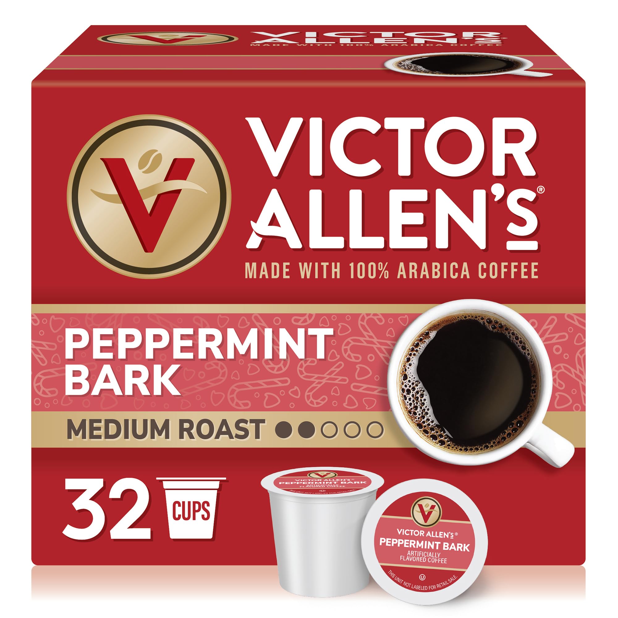 Victor Allen's empaque frontal de Peppermint Bark mostrando 32 cápsulas y atractivo festivo