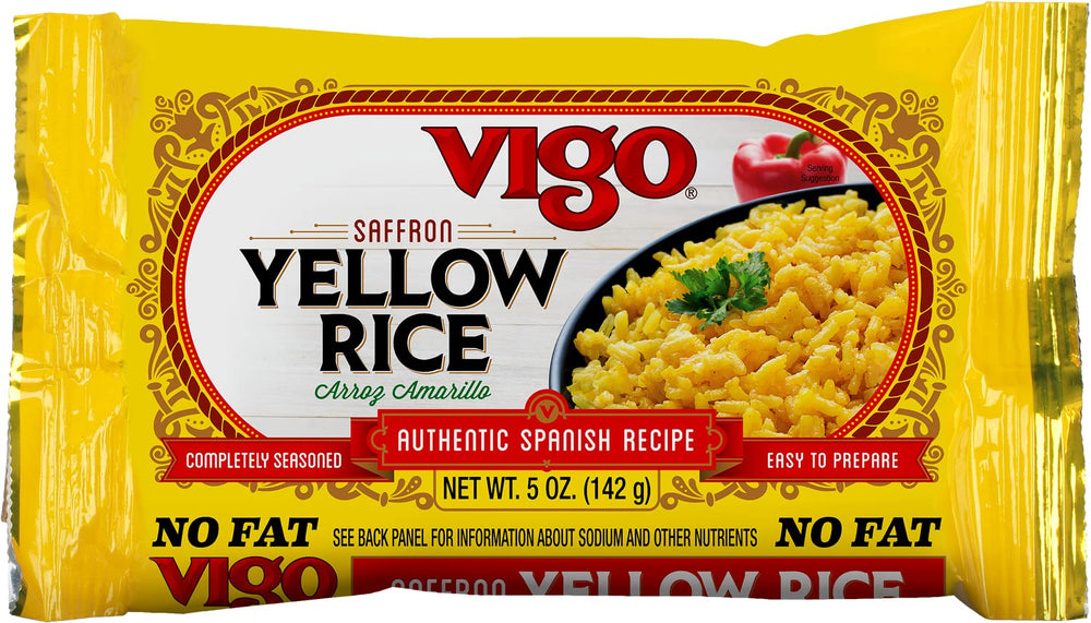 Vigo empaque frontal mostrando arroz amarillo listo para calentar y fácil almacenamiento