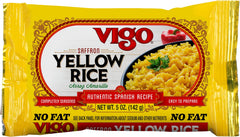 Vigo empaque frontal mostrando arroz amarillo listo para calentar y fácil almacenamiento