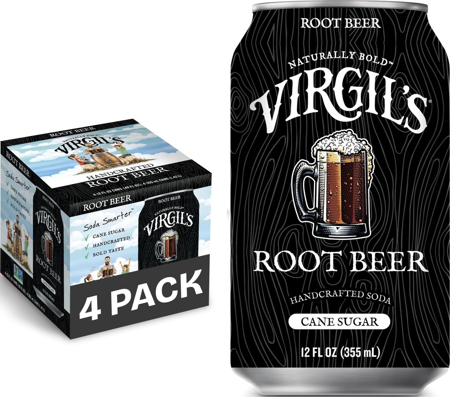 Virgil's lata de root beer frontal mostrando el diseño y atractivo natural