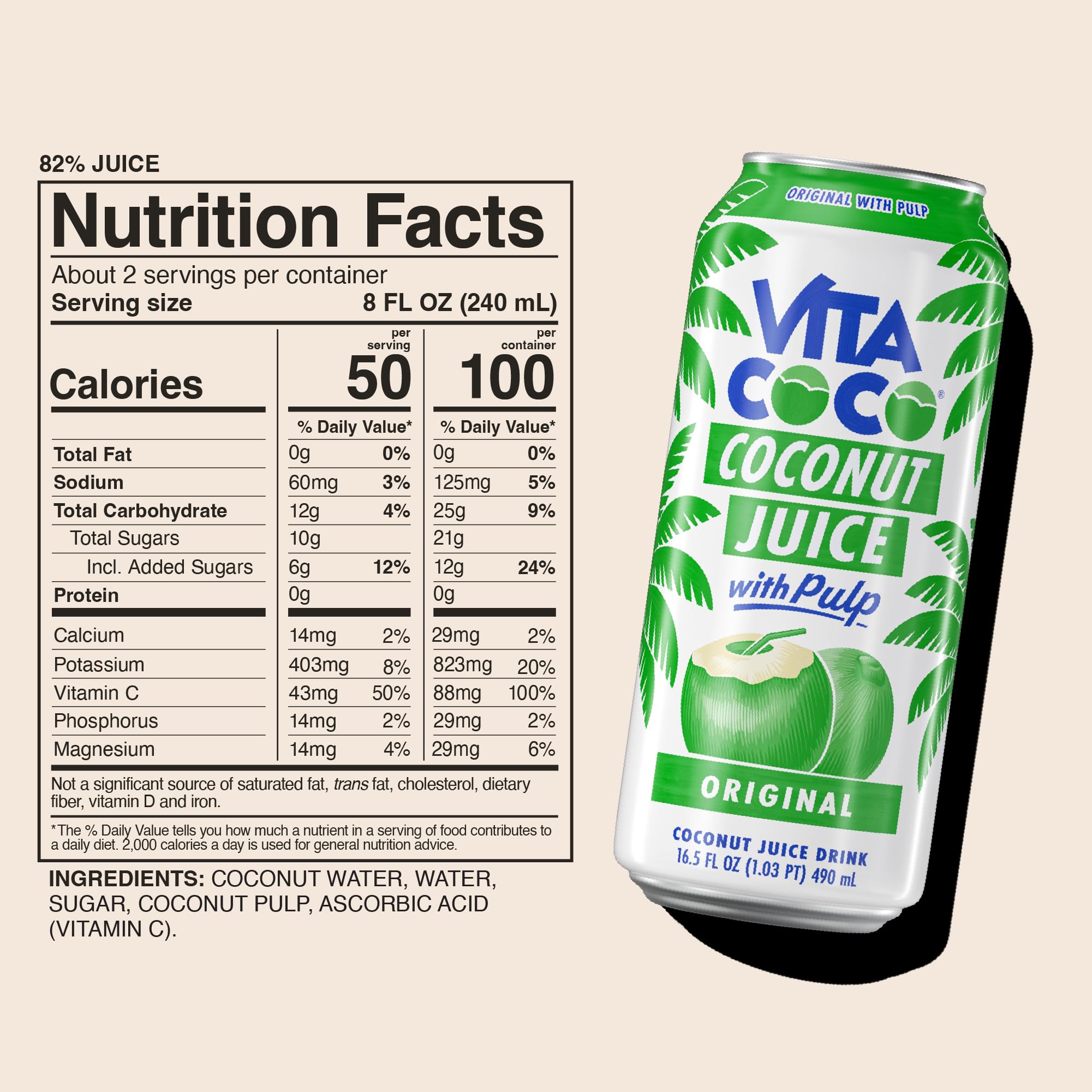 Vita Coco etiqueta nutricional mostrando ingredientes clave