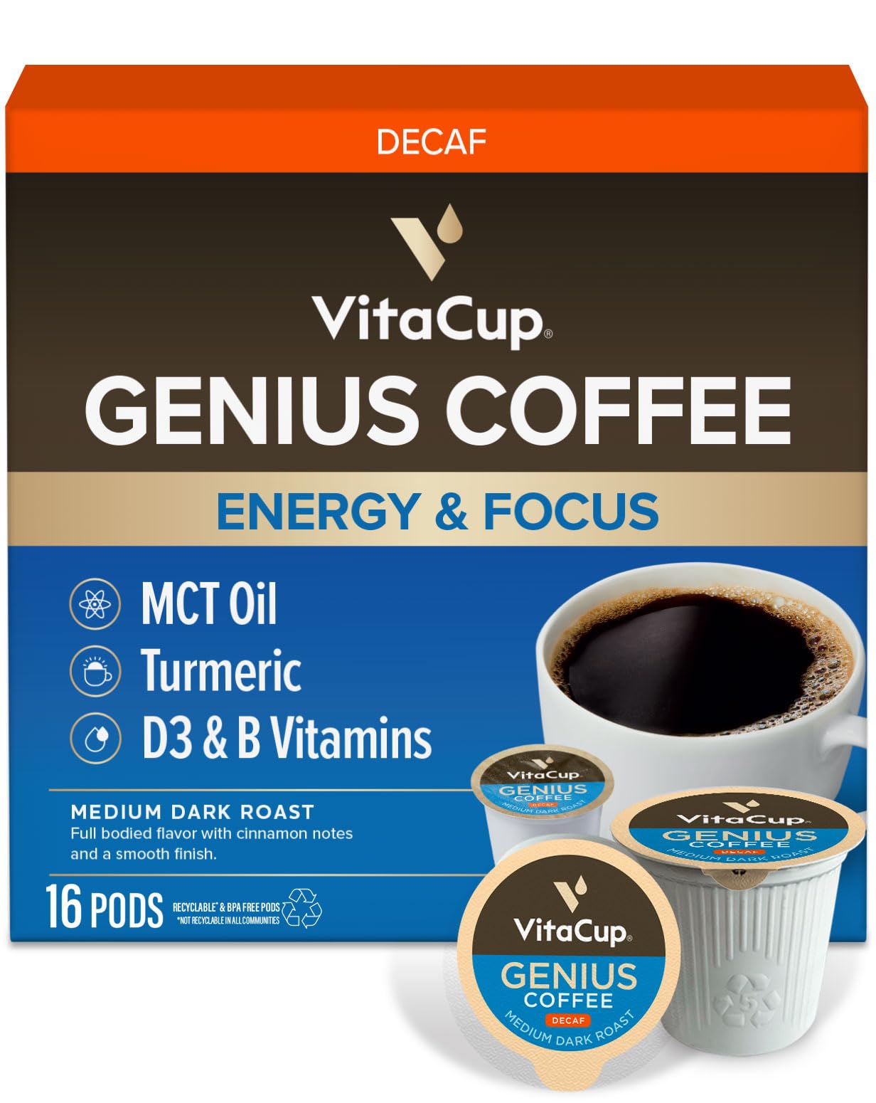 VitaCup frontal del empaque mostrando cápsulas y beneficios visibles