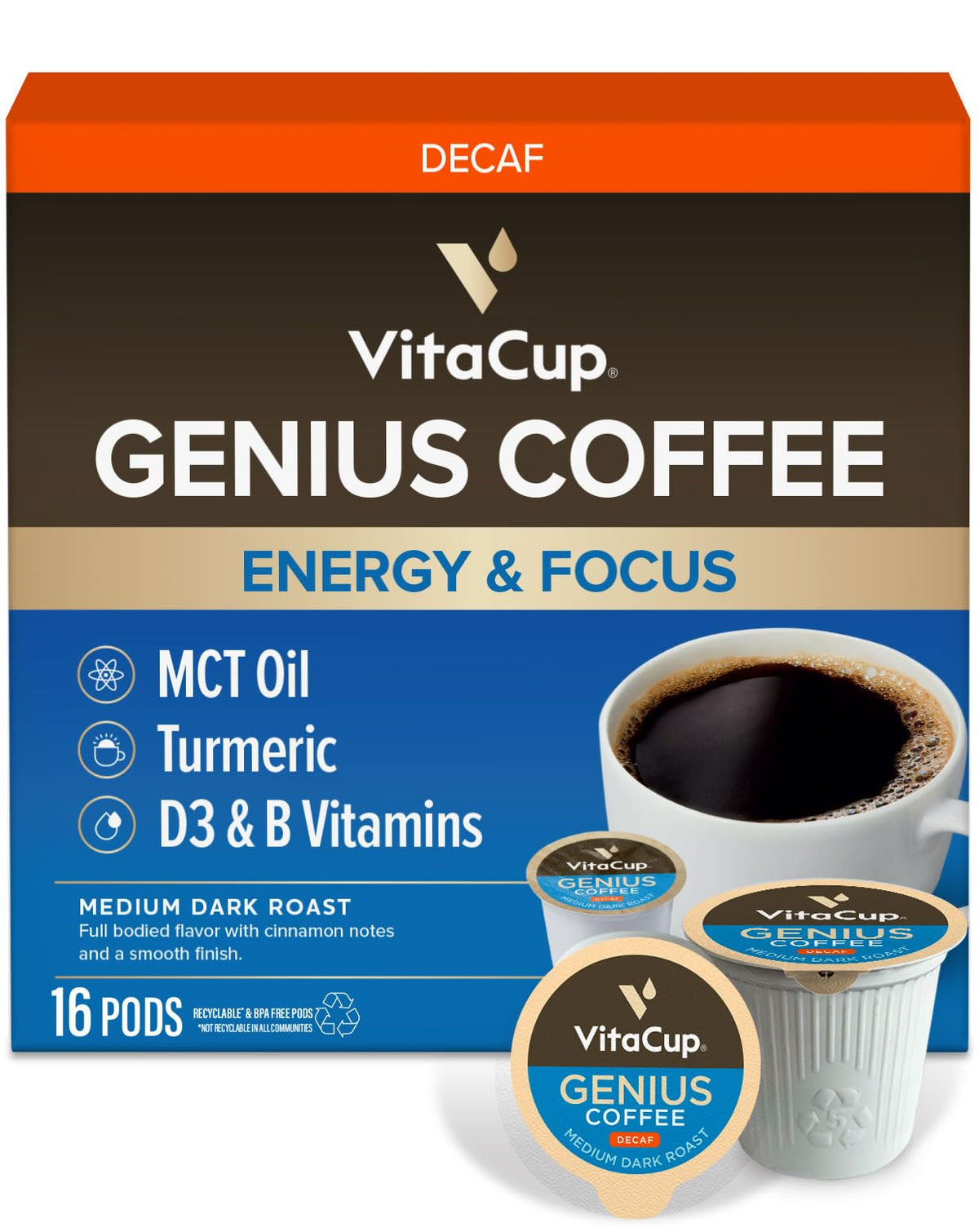 VitaCup frontal del empaque mostrando cápsulas y beneficios visibles