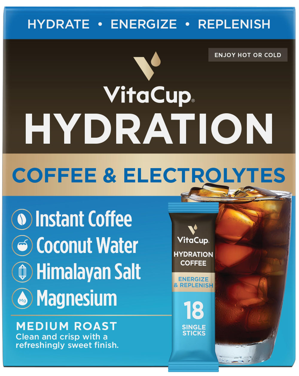 VitaCup empaque frontal mostrando 18 sobres y beneficios de hidratación
