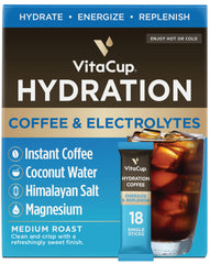 VitaCup empaque frontal mostrando 18 sobres y beneficios de hidratación