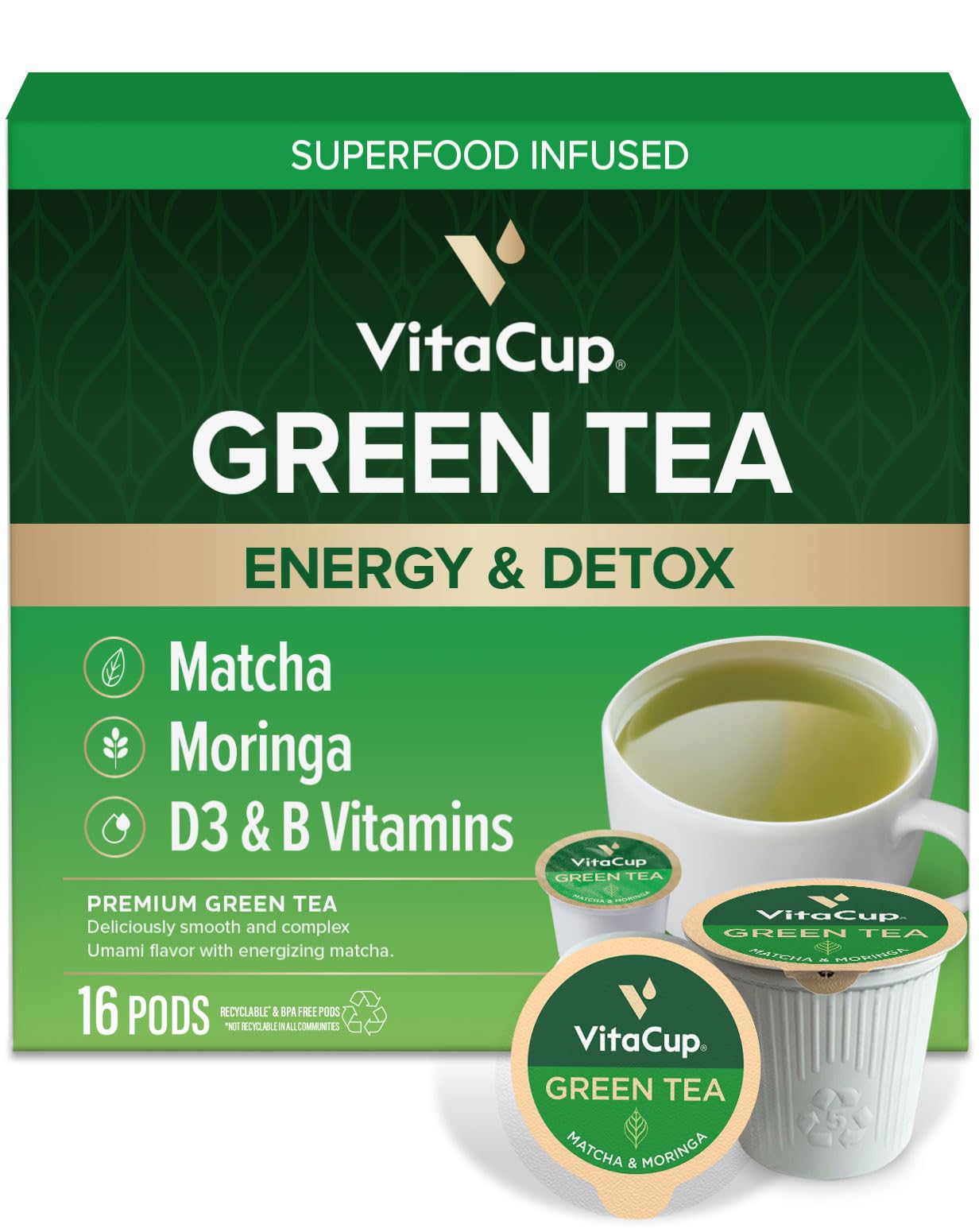 VitaCup frente del empaque mostrando matcha y moringa y beneficios prácticos