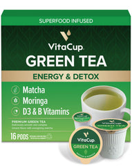 VitaCup frente del empaque mostrando matcha y moringa y beneficios prácticos