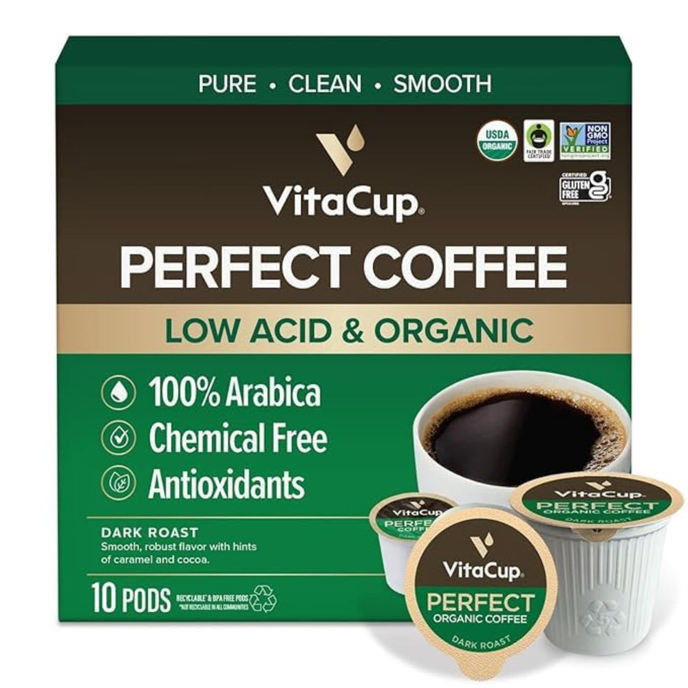 VitaCup empaque frontal de cápsulas muestra conveniencia y bajo ácido
