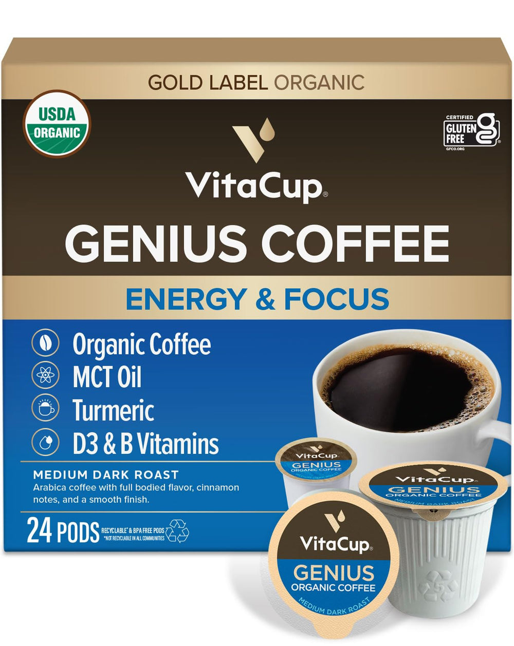 VitaCup paquete frontal con 24 cápsulas, conveniencia y sabor consistente