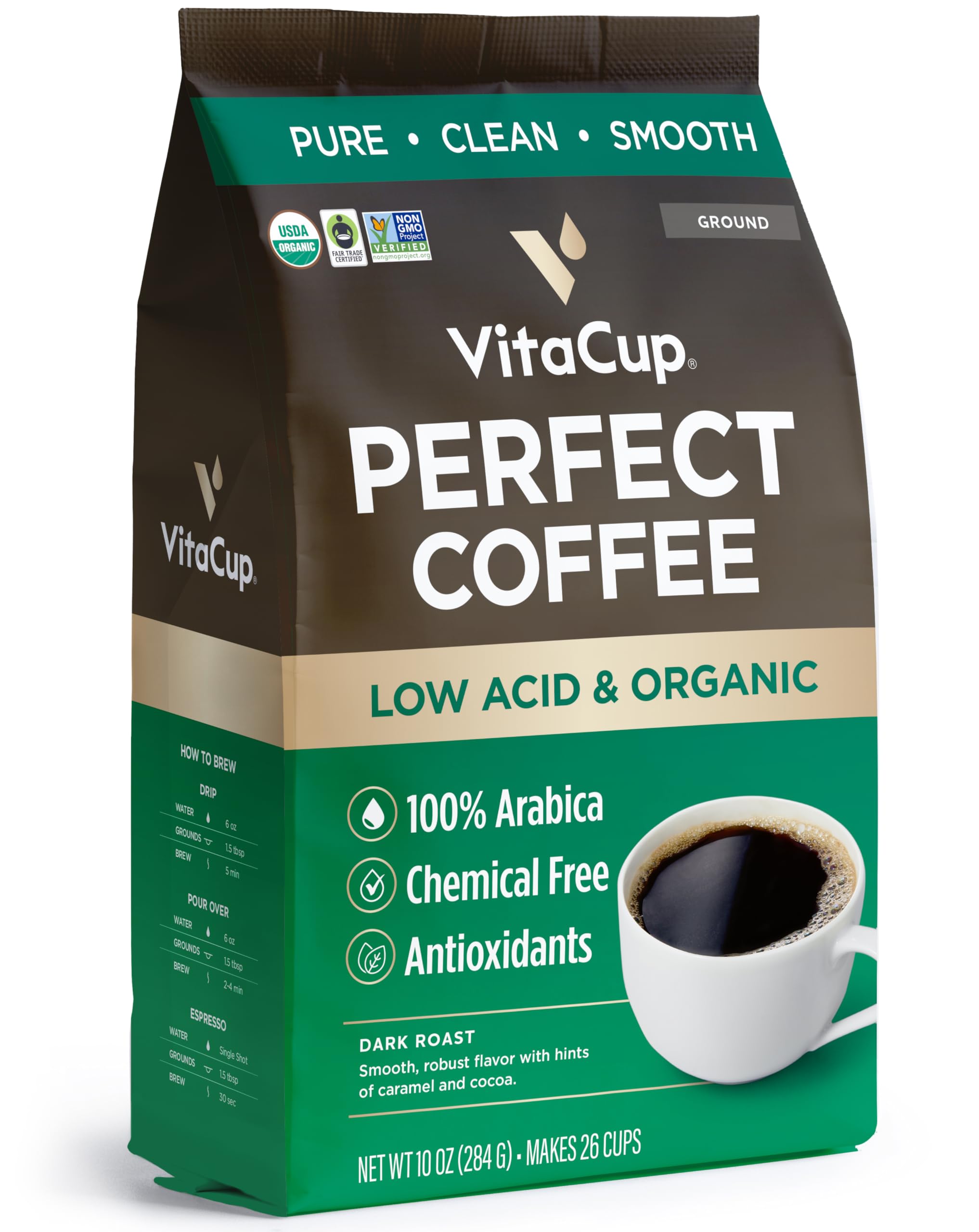 VitaCup envase frontal 10oz mostrando sello orgánico y beneficio sabor suave