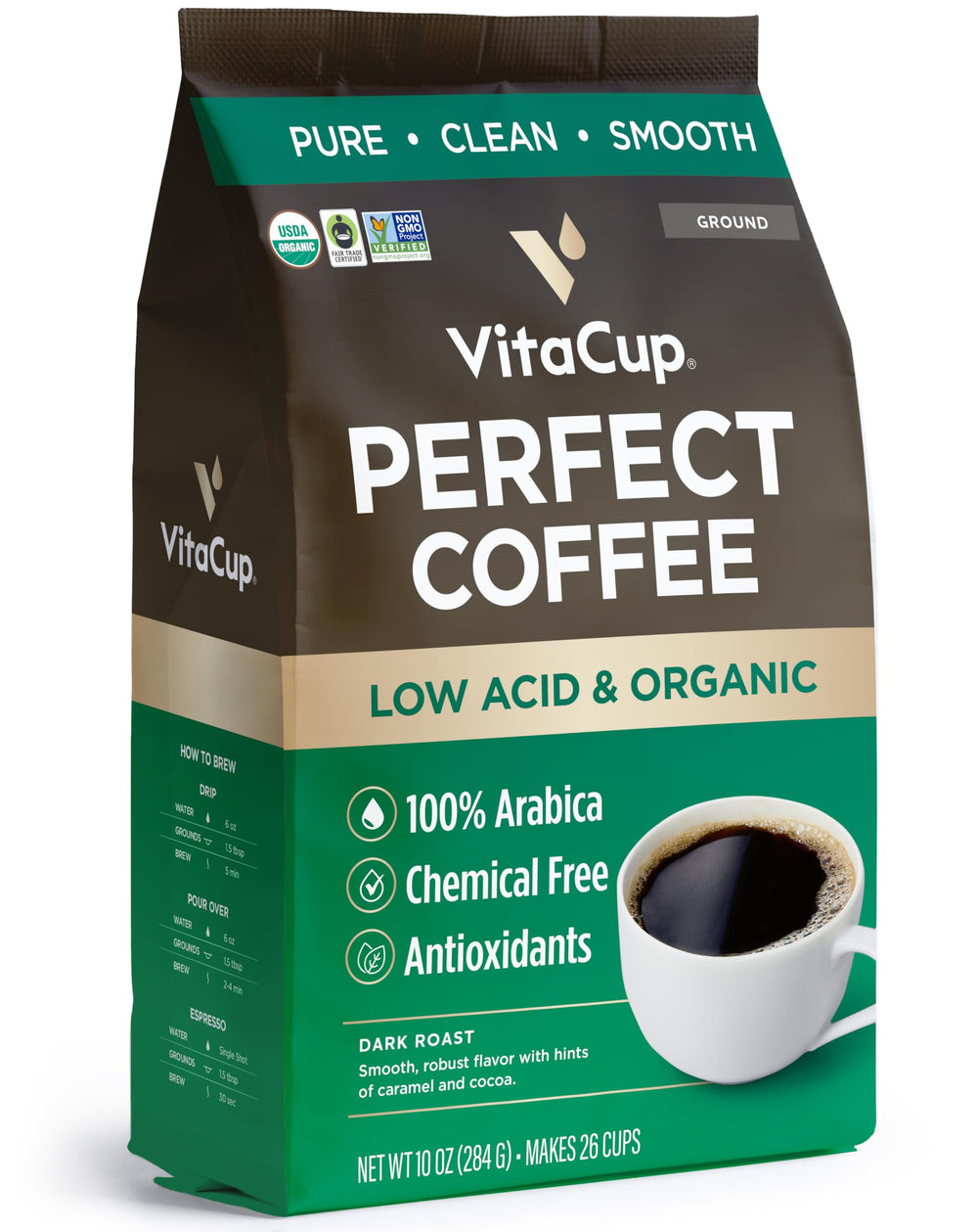 VitaCup envase frontal 10oz mostrando sello orgánico y beneficio sabor suave