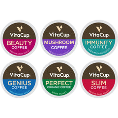 VitaCup packaging frontal mostrando las seis mezclas y beneficios en un vistazo