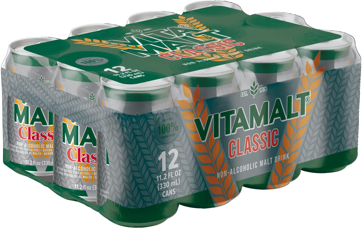 vitamalt lata frontal mostrando diseño y refresco listo para servir