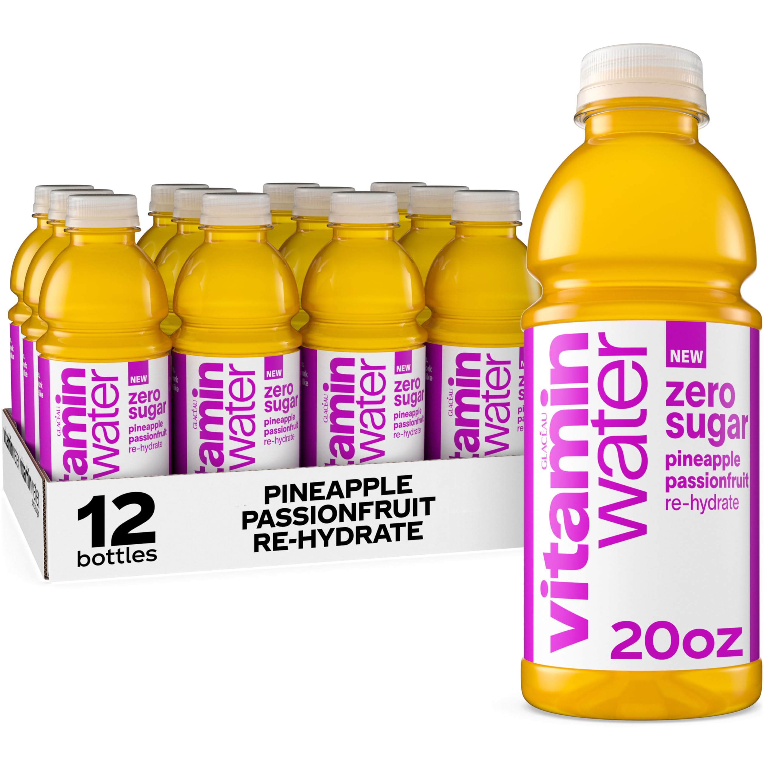 vitaminwater botella frontal mostrando etiqueta y sabor tropical, refresca al instante
