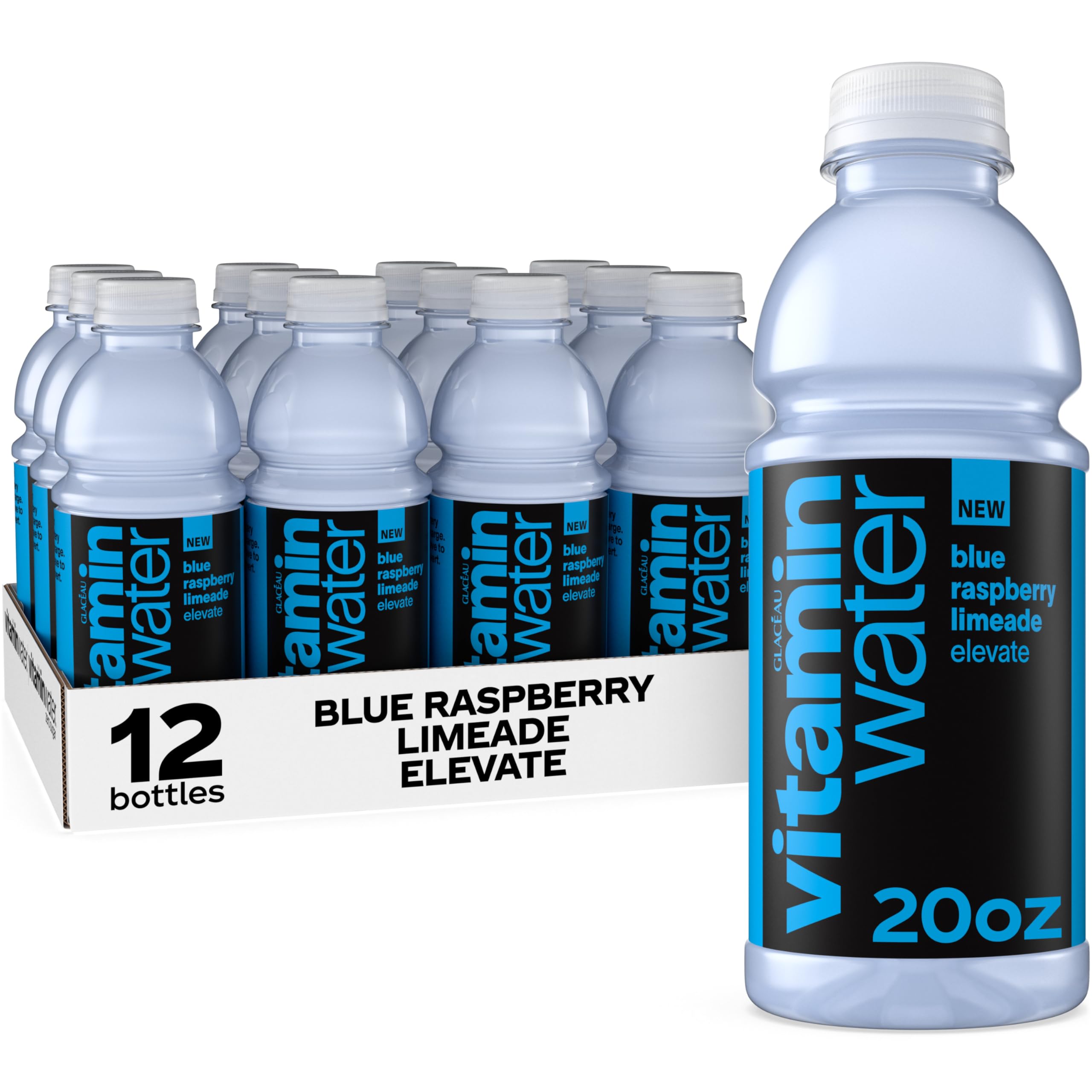 vitaminwater muestra frontal del paquete de 12 con sabor blue raspberry limeade y conveniencia