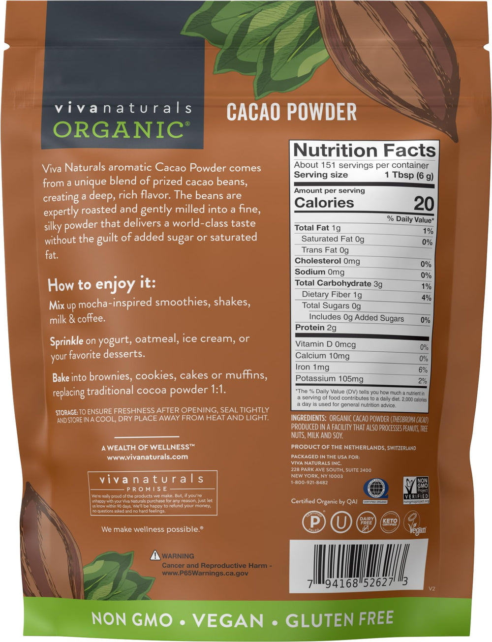 Viva Naturals batido nutritivo con cacao mostrando uso en smoothies