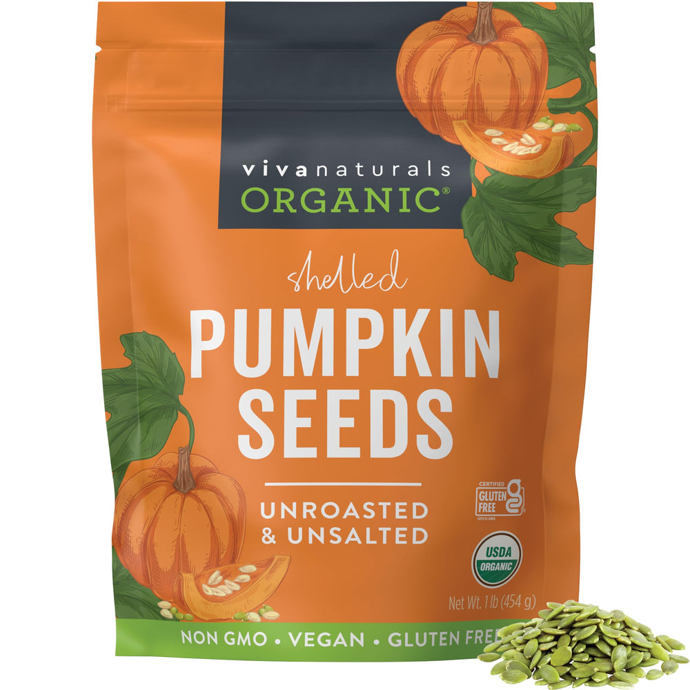 Viva Naturals paquete frontal de semillas de calabaza orgánicas, práctico y puro